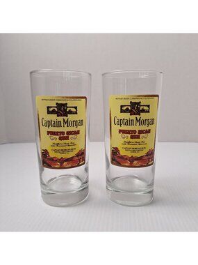 SET OF (2) CAPTAIN MORGAN PUERTO RICAN RUM HIGHBALL DRINKING GLASSES 6.25" EUC